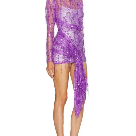 Christopher Esber Encassed Beaded Ivy Lace Long Sleeve Mini Dress Grape Sequin - Picture 2 of 5